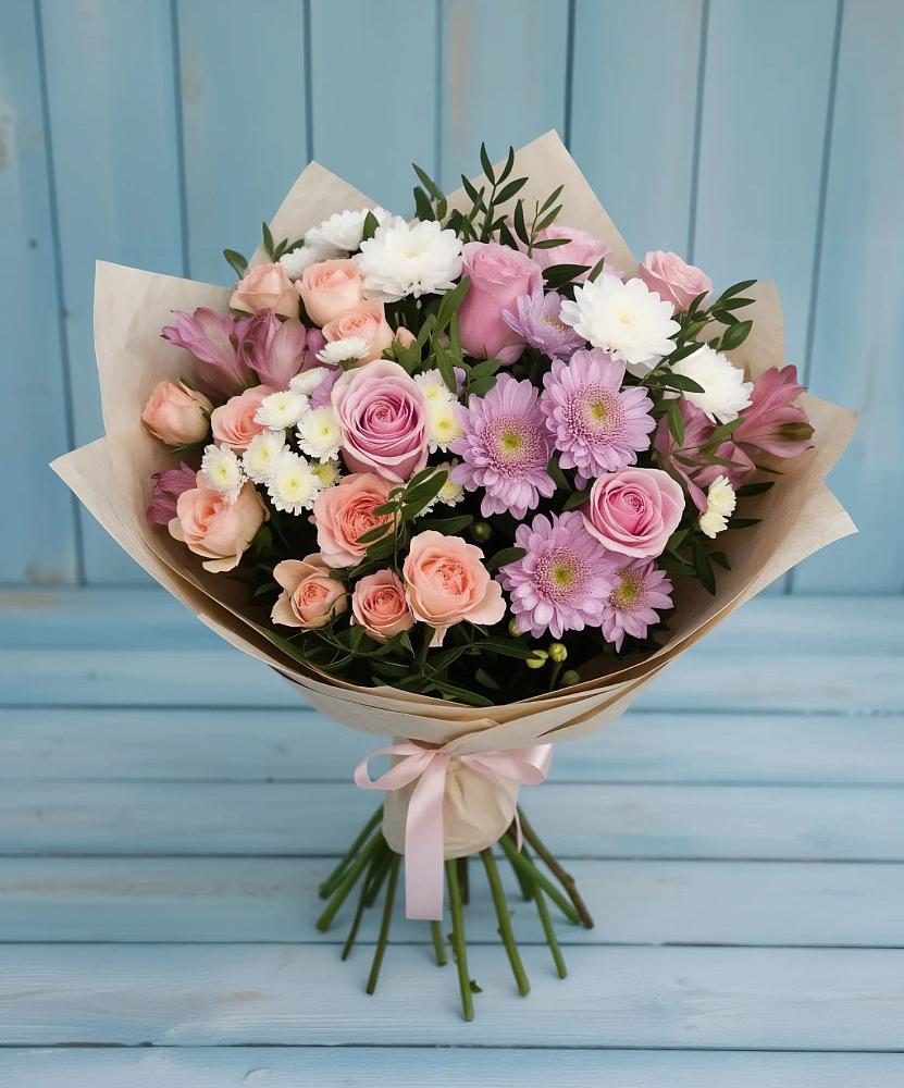 Букет цветов из: Хризантемы, Розы и Альстромерии в Новое