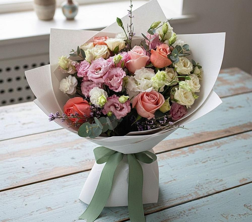 Букет цветов из: Розы, Лизиантусы и Гвоздики в Новое
