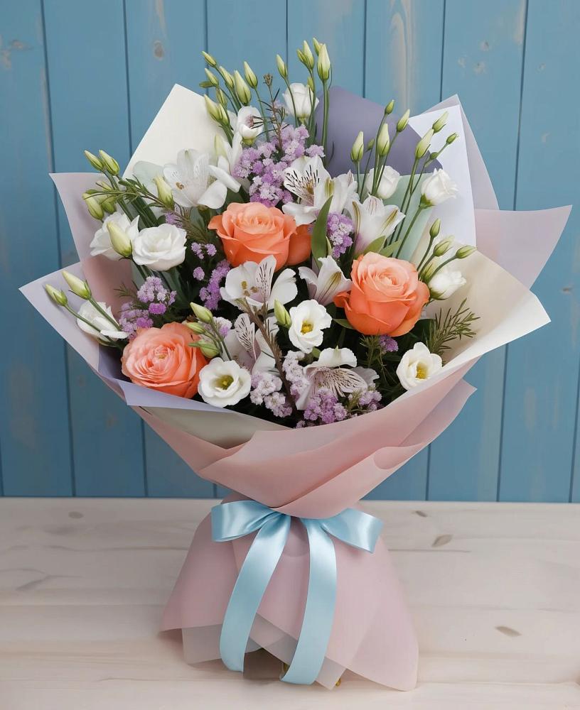 Букет цветов из: Лизиантусы, Розы, Альстромерии и Гипсофила в Новое