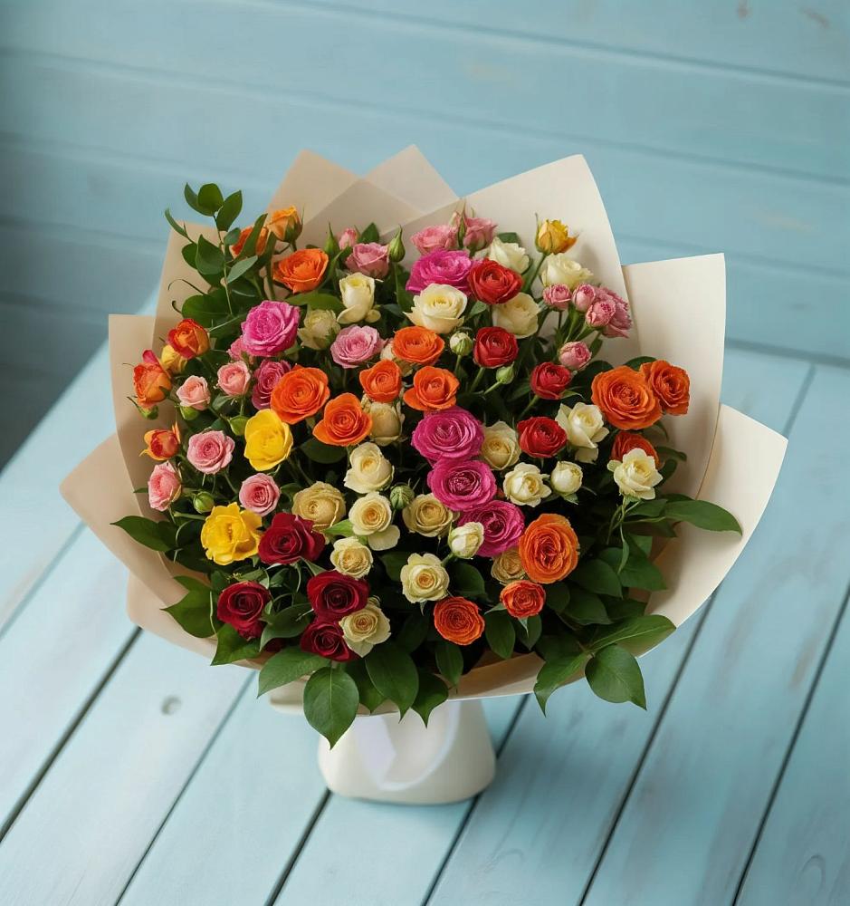 Букет Микс из разноцветных кустовых роз в Новое